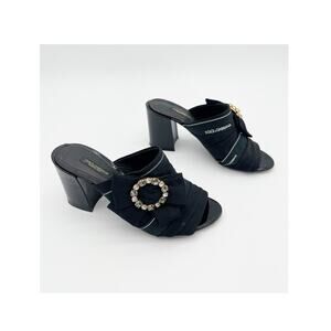 Dolce & Gabbana Black Crystal Buckle Bow Charmeuse Satin Mule Heels IT 36.5